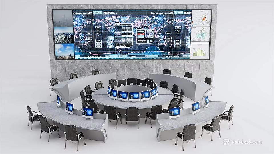 Circular Control Desk With Multiple Monitors World Map Display Data Charts And Office Chairs 3d model