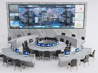 Circular Control Desk With Multiple Monitors World Map Display Data Charts And Office Chairs 3d model