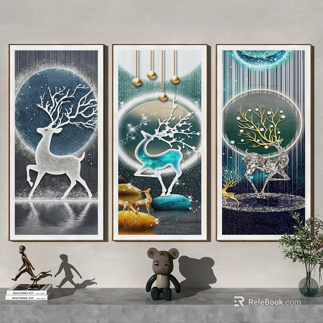 Three Panel Decorative Wall Art Featuring Deer Moon Water Drops And Ornaments 3d model