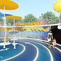 Children's Outdoor Playground with Colorful Ground Rotating Equipment Cartoon Astronaut Yellow Balloons and Green Trees