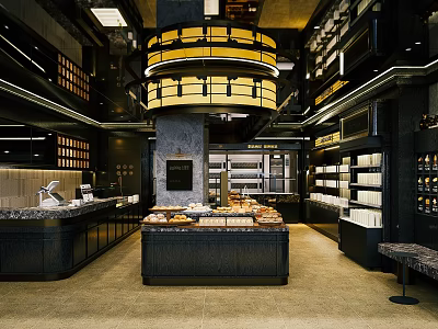 Modern Pastry Shop Interior With Display Counter Marble Accents Hanging Chandelier And Shelves 3d model
