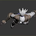 White Haired Game Movie Character With Golden Armor White Bodysuit Blue Cape And Ornate Weapon
