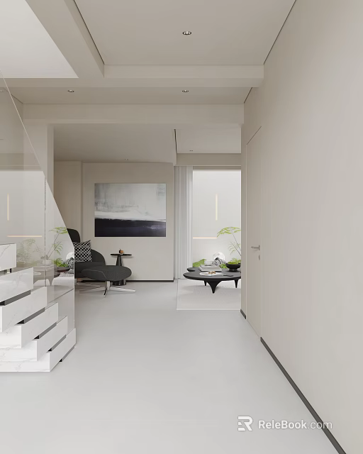 Modern Basement Interior With Staircase Armchair Coffee Table And Plants 3d model