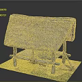 Rustic Thatched Roof Shelter With Wooden Frame And Green Grass Base
