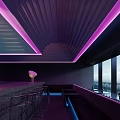 Modern Hotel Lobby With Stylish Purple Neon Lights And Sleek Integrated Bar Lounge Design