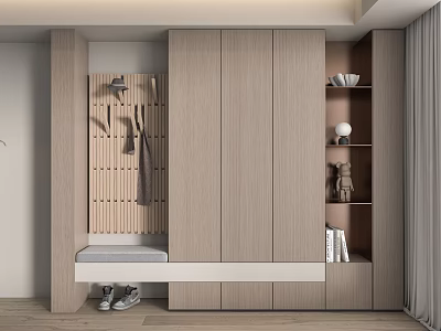Modern Light Wood Shoe Cabinet Interior With Hanging Hooks Bench And Display Shelves 3d model
