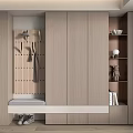 Modern Light Wood Shoe Cabinet Interior With Hanging Hooks Bench And Display Shelves