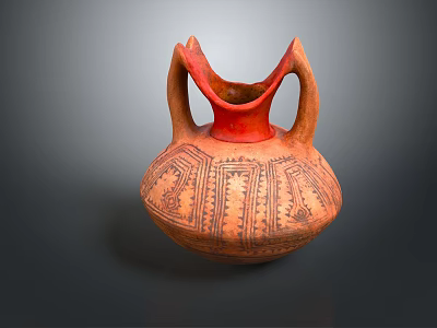 Ancient Style Pottery Vase With Two Handles Red Top And Geometric Patterns 3d model
