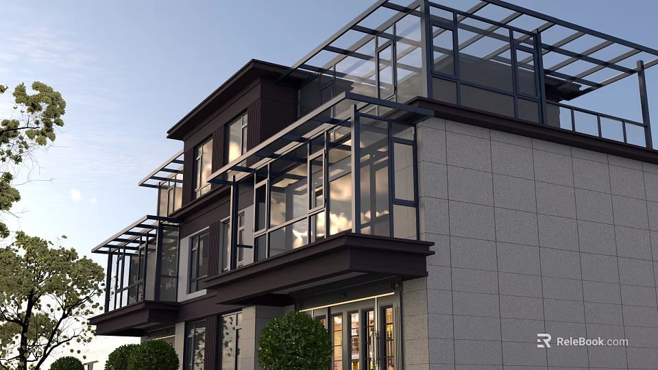 Modern Detached Villa Exterior Design With Glass Balcony Stone Facade And Two Story Structure 3d model 