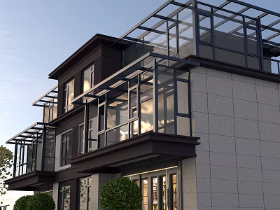 Modern Detached Villa Exterior Design With Glass Balcony Stone Facade And Two Story Structure 3d model