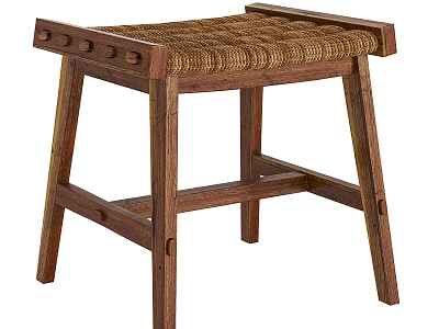 Wooden Stool Featuring Woven Seat And Sturdy Solid Wood Construction Design 3d model
