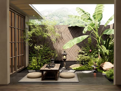 Stepping Stones in Serene Courtyard with Green Plants Stone Lanterns and Wooden Flooring 3d model
