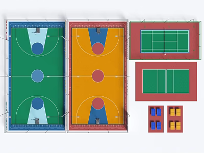 Green Yellow Red Sports Courts For Basketball Tennis Fitness Activities 3d model