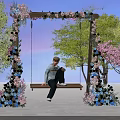 Scenic Photo Spot With Flower Arch Swing Pink Blue Flowers And Cherry Blossom Trees