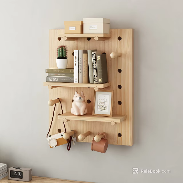 Wooden Pegboard Wall Decor With Shelves Storage And Cute Items 3d model
