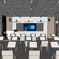 Modern Music Classroom Interior With Music Stands Chairs Large Screen Speakers Windows And Blue Curtains