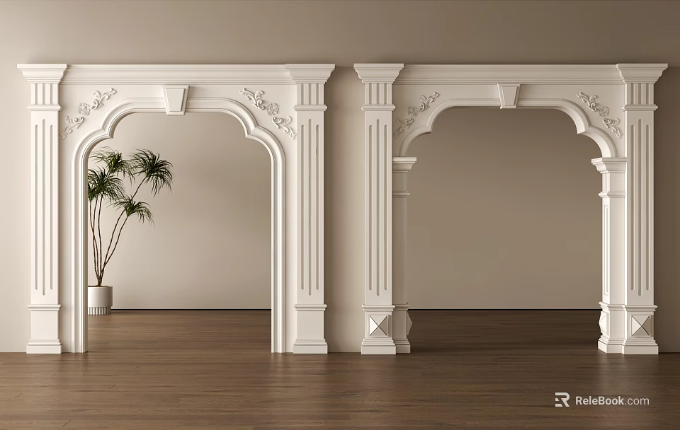White Decorative Archways With Carved Details On Light Wall And Wooden Floor 3d model 
