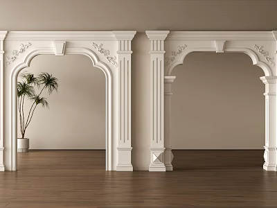White Decorative Archways With Carved Details On Light Wall And Wooden Floor 3d model