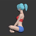 3D Character With Blue Hair Red Sports Bra Blue Shorts Cross Legged Sitting Black Floor