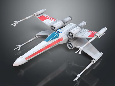 Detailed White X Wing Fighter Model With Red Stripes And Twin Engines 3d model