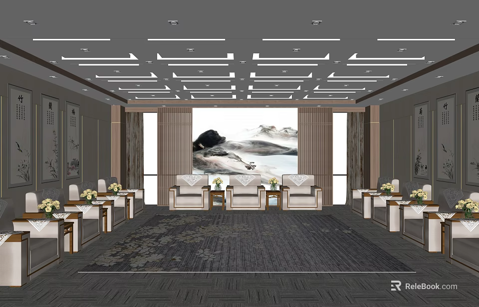 Elegant Hotel Public Lounge With Comfortable Sofas Coffee Tables And Landscape Painting 3d model 