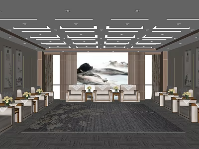 Elegant Hotel Public Lounge With Comfortable Sofas Coffee Tables And Landscape Painting 3d model