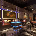 Modern Bar Featuring Counter Stools Shelves Bottles Black White Checkered Floor City View Green Plant