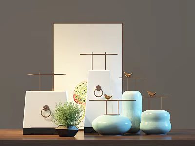 Minimalist Decorative Ornament Set with White Blue Vases Metal Rings and Small Green Plant 3d model