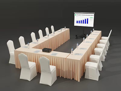 Conference Room Setup With Long Table White Chairs Projector Screen And Charts 3d model