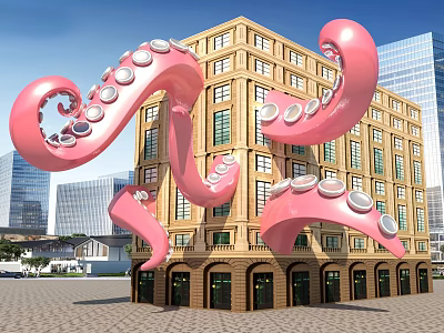 Giant Pink Octopus Tentacles Art Installation Wrapped Around Yellow Building With Modern High Rise Background 3d model