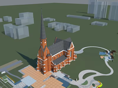 Red Brick European style Architecture With Tall Spire Surrounding Plaza And Curved Pathways 3d model