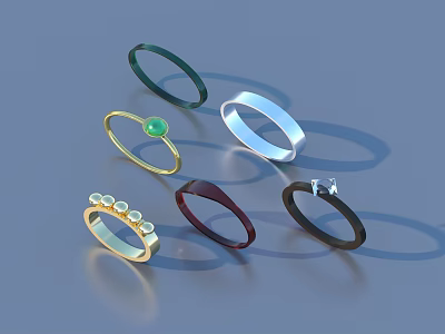 Various Stylish Design Rings Jewelry With Green Gemstone And Colorful Metal Bands 3d model