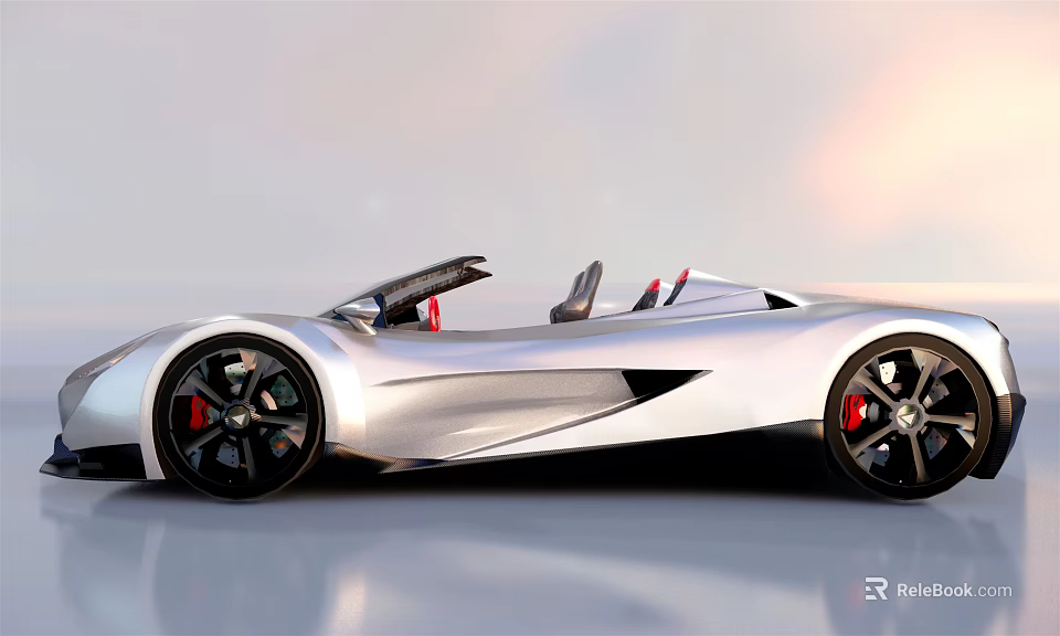 Silver Convertible Sports Car With Modern Aerodynamic Body Black Wheels And Red Seats 3d model 