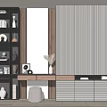 Modern Wardrobe Interior With Gray Ribbed Panels Wooden Accents Mirror Storage Drawers And Decorative Items