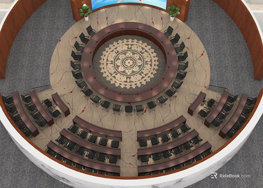 Circular Conference Room With Round Table Surrounding Chairs And Elegant Seating Design 3d model