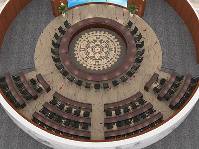 Circular Conference Room With Round Table Surrounding Chairs And Elegant Seating Design 3d model