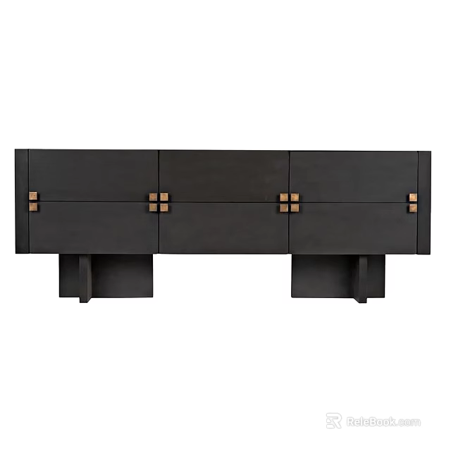 Modern Minimalist Dark TV Stand With Golden Square Handles And Sturdy Legs 3d model 