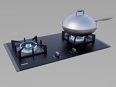 Modern Black Gas Stove Cooktop With Blue Flames Wok And Control Knobs 3d model