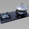 Modern Black Gas Stove Cooktop With Blue Flames Wok And Control Knobs 3d model