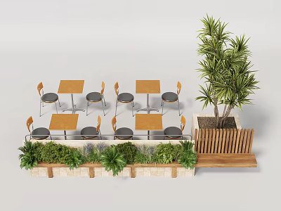 Outdoor Chairs With Tables Green Plants And Palm Tree In Outdoor Setting 3d model