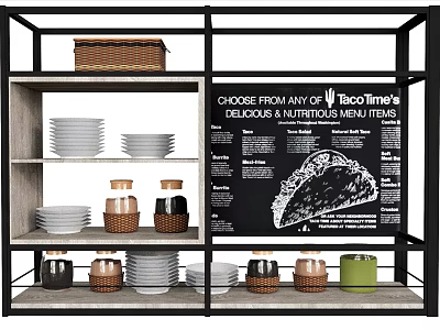 Dinnerware Set Display With Plates Jars Baskets And Taco Time Menu Board 3d model