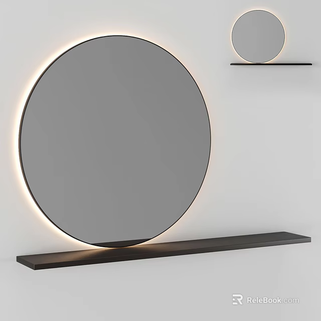 Round LED Mirror with Black Floating Shelf Modern Minimalist Home Decor 3d model 