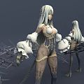 Game and Movie Character with Silver White Hair Mechanical Arms and Tight Outfit