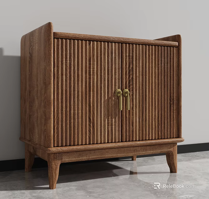 Natural Wood Bedside Cabinet With Vertical Slats Brass Handles And Four Legs Design 3d model 