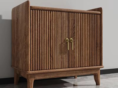 Natural Wood Bedside Cabinet With Vertical Slats Brass Handles And Four Legs Design 3d model