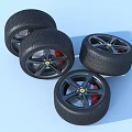 Set of Four Stylish Black Car Tires With Black Rims And Yellow Center Logos