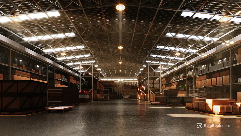 Spacious Warehouse Interior With High Metal Roof Skylights Multi Level Shelves And Smooth Black Floor 3d model 