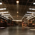Spacious Warehouse Interior With High Metal Roof Skylights Multi Level Shelves And Smooth Black Floor