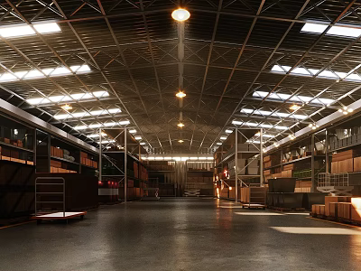 Spacious Warehouse Interior With High Metal Roof Skylights Multi Level Shelves And Smooth Black Floor 3d model