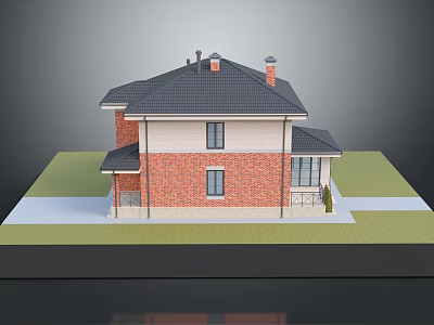 Two Story House With Red Brick Exterior Light Colored Walls And Dark Roof 3d model